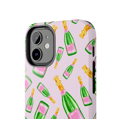 Tossed Pink and Green Watercolor Illustrated Champagne Bottles Pattern Blush Pink Tough Phone Case | Various Models