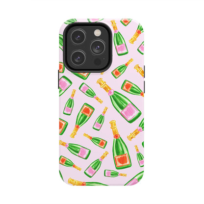 Tossed Pink and Green & Orange and Green Watercolor Illustrated Champagne Bottles Pattern Blush Pink Tough Phone Case | Various Models