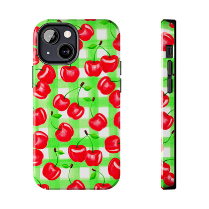 Red Tossed Cherries Green Gingham Watercolor Illustrated Tough Phone Case | Various Models Available