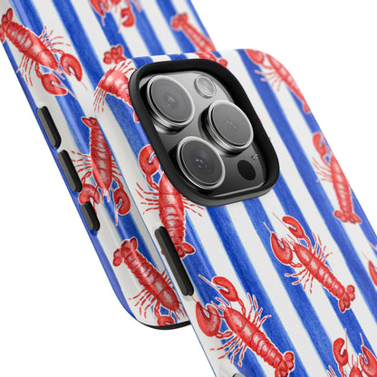 Blue & White Strip Red Lobster Watercolor Patterned Phone Case | Various Models