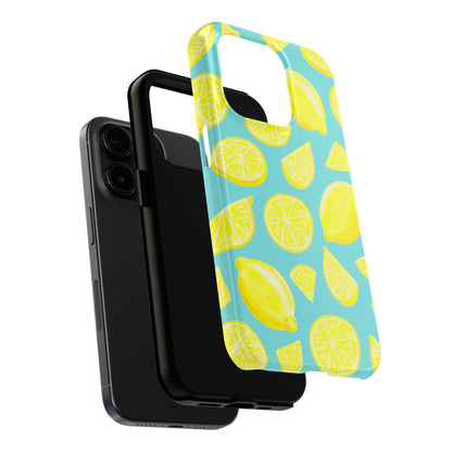 Bright Yellow Lemons Watercolor Illustrated Tossed Pattern Turquoise Blue Tough Phone Case | Various Models