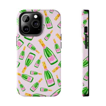 Tossed Pink and Green Watercolor Illustrated Champagne Bottles Pattern Blush Pink Tough Phone Case | Various Models