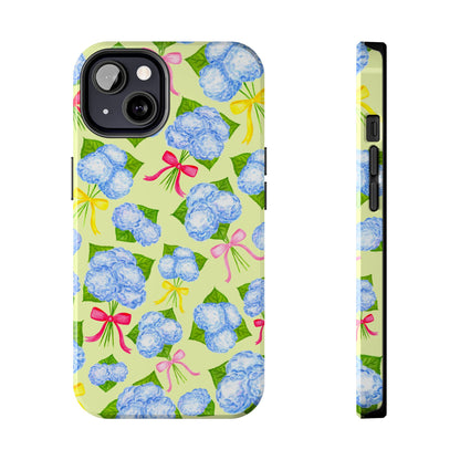 Blue Watercolor Hydrangea Bunches with Hot Pink, Yellow, Light Pink Bows Illustrated Patterned Yellow Tough Phone Case | Various Models