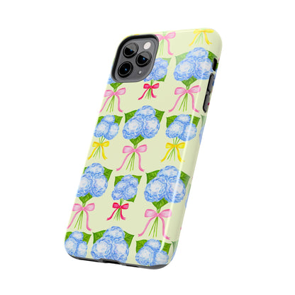 Blue Hydrangeas with Hot Pink, Yellow, Light Pink Bows Watercolor Illustrated Patterned Light Yellow Tough Phone Case | Various Models