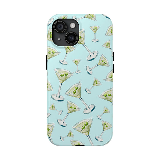 Watercolor Blue and Green Martinis Tossed Illustrated Pattern Turquoise Blue Tough Phone Case | Various Models iPhone 15