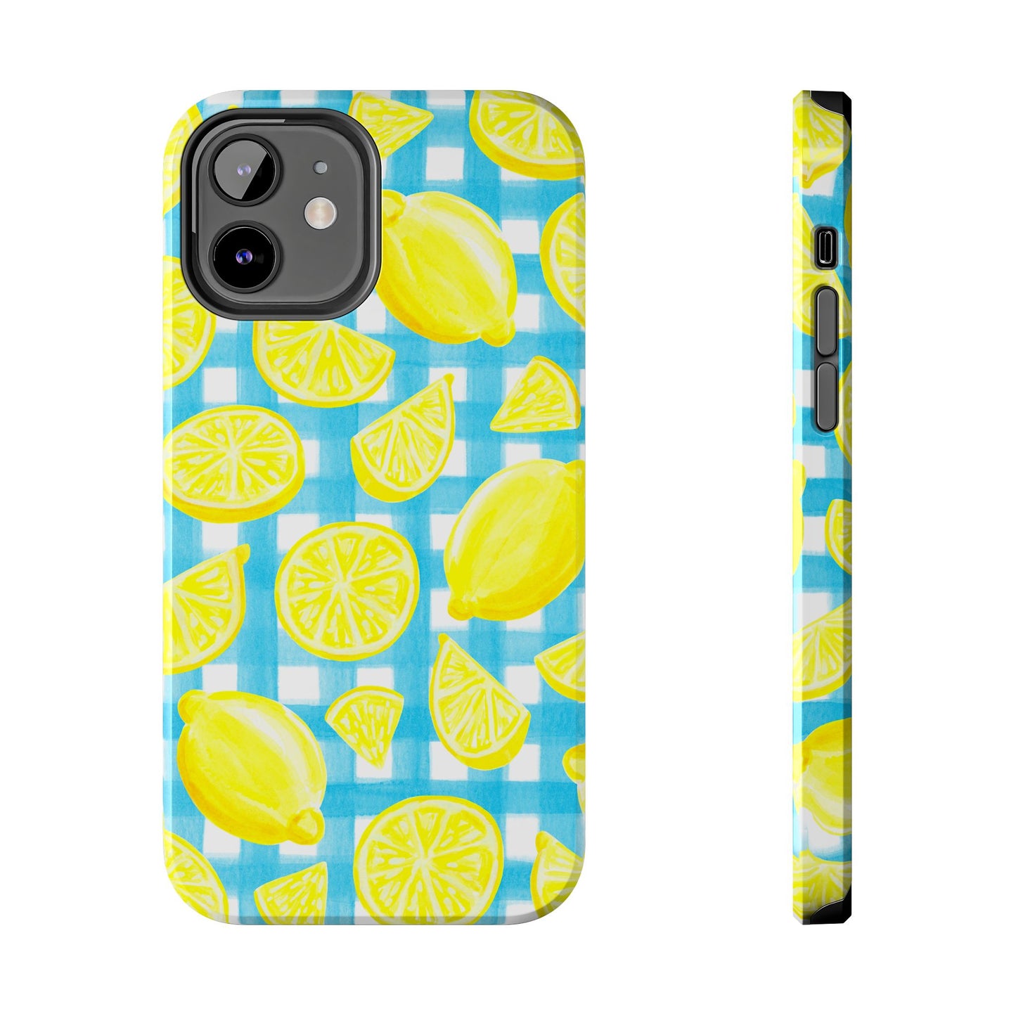 Bright Yellow Lemons Watercolor Illustrated Tossed Pattern Turquoise Gingham Tough Phone Case | Various Models