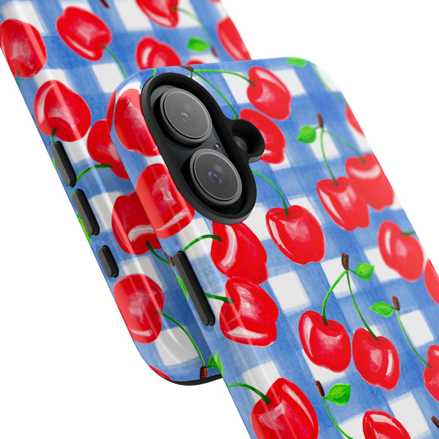 Tossed Red Cherries Blue Gingham Checkered Watercolor Illustrated Tough Phone Case | Various Models