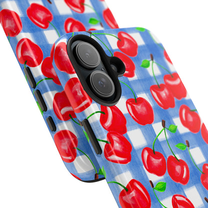 Tossed Red Cherries Blue Gingham Checkered Watercolor Illustrated Tough Phone Case | Various Models