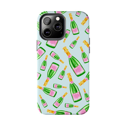 Tossed Pink and Green Watercolor Illustrated Champagne Bottles Pattern Light Blue Tough Phone Case | Various Models