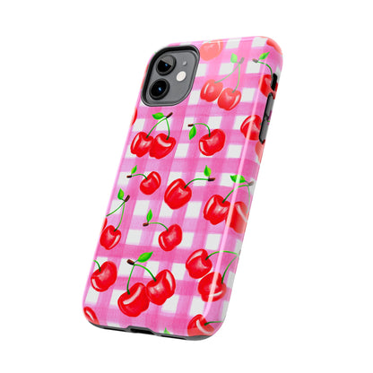 Tossed Red Watercolor Cherries Illustrated Pattern Light Pink Gingham Tough Phone Case | Various Models