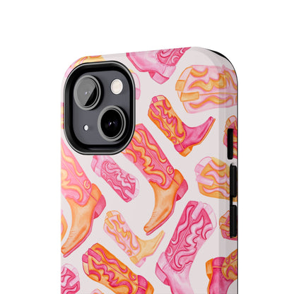 Tossed Hot Pink & Orange Watercolor Cowboy Boots Tough Light Pink Phone Case | Various Models Available
