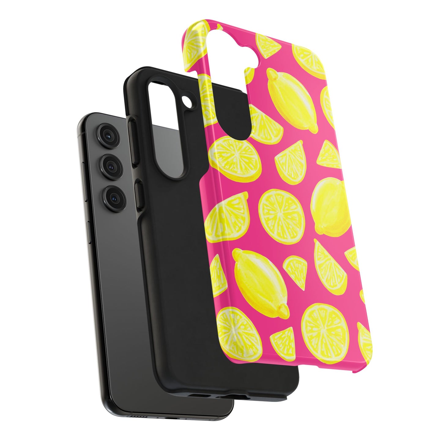 Bright Yellow Lemons Watercolor Illustrated Tossed Pattern Watermelon Pink Tough Phone Case | Various Models