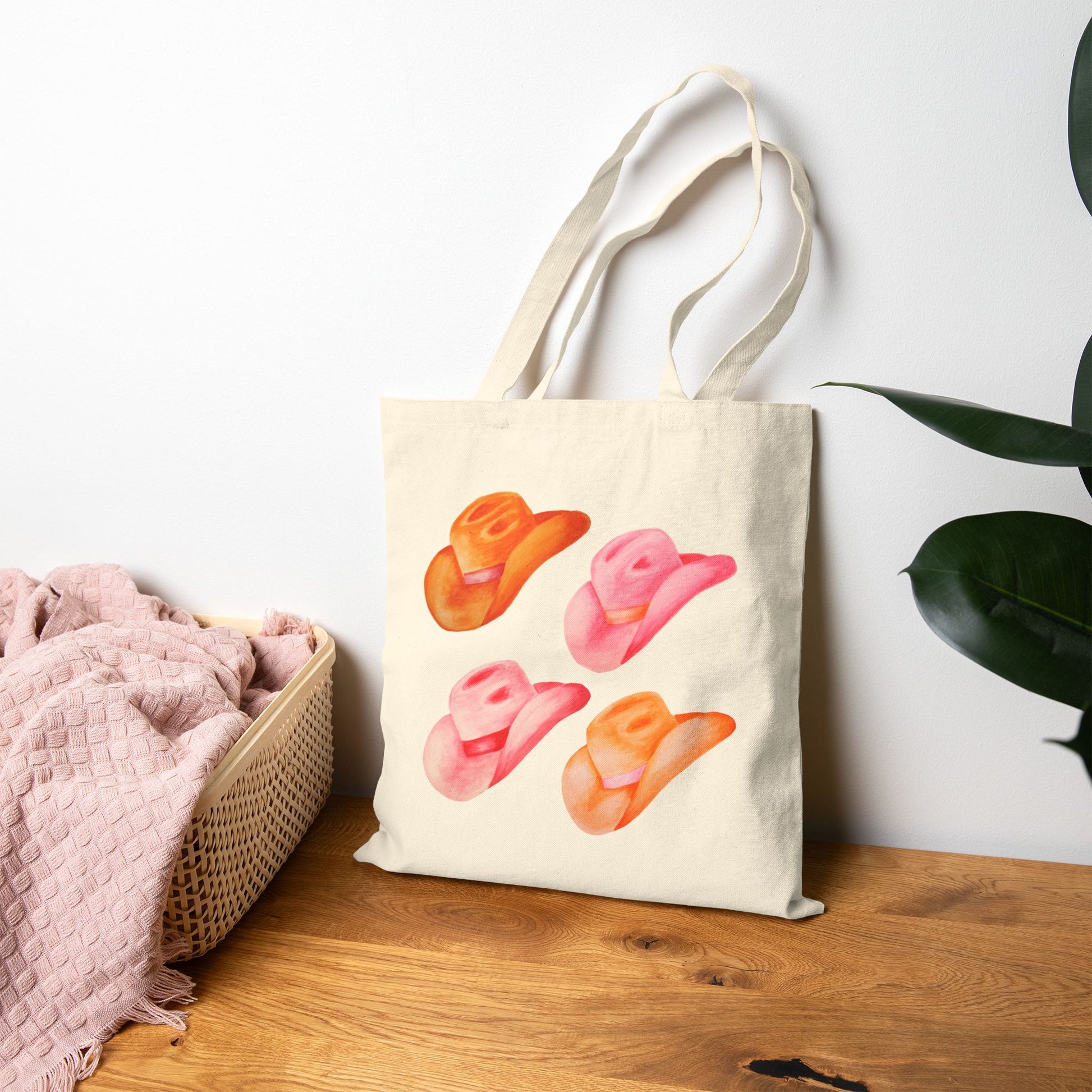 Canvas Tote | Hot Pink and Orange Cowboy Hats Watercolor Illustrated Farmer Market Canvas Tote Bag | Western Preppy Gift | Coastal Cowgirl Natural 15" x 16"
