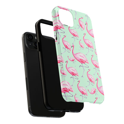 Pink Flamingos Watercolor Illustrated Tossed Pattern Green Phone Case | Various Models