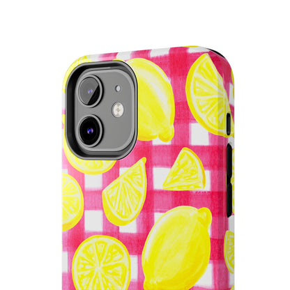 Yellow Lemons & Hot Pink Gingham Watercolor Illustrated Tough Phone Case | Various Models Available