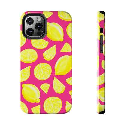 Bright Yellow Lemons Watercolor Illustrated Tossed Pattern Watermelon Pink Tough Phone Case | Various Models