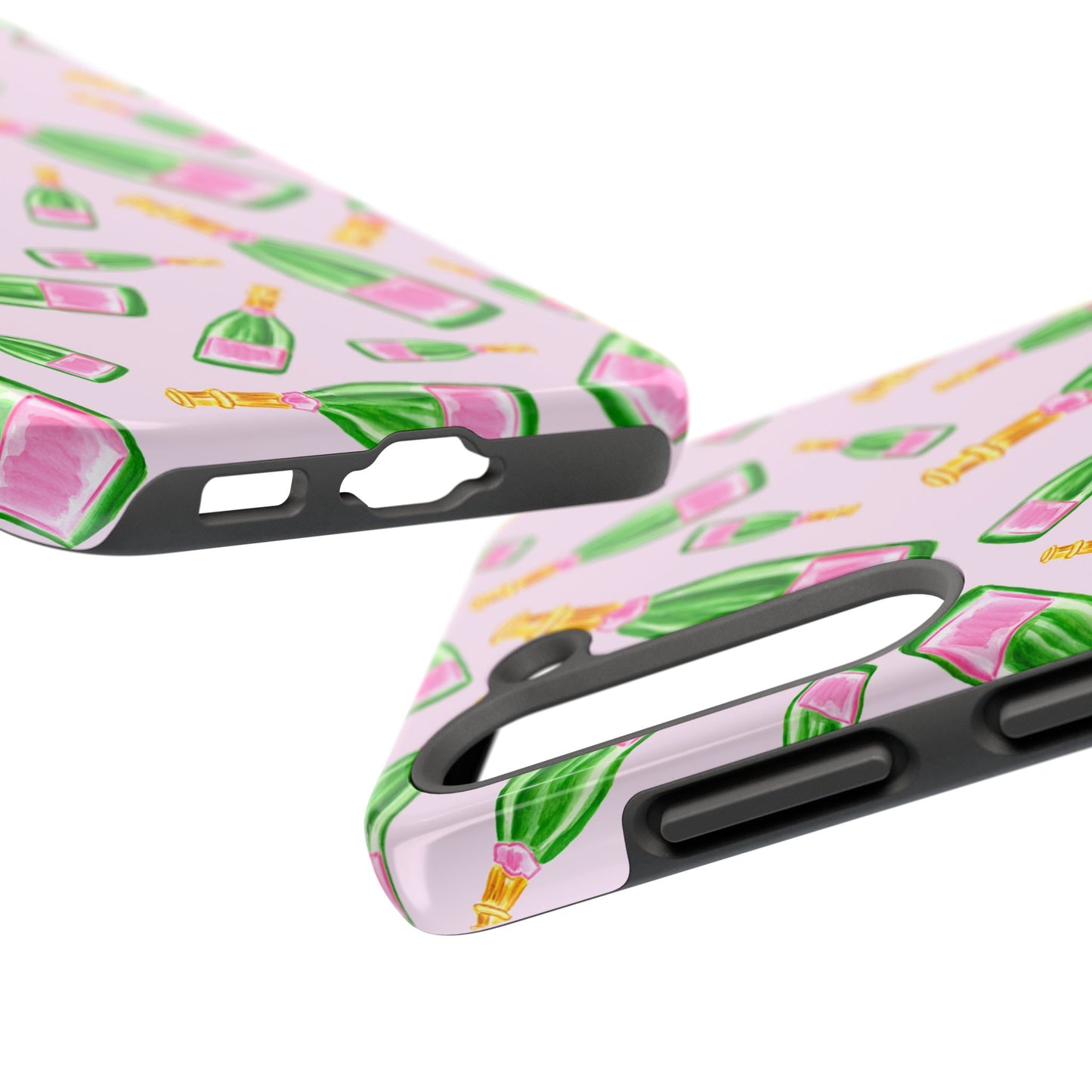 Tossed Pink and Green Watercolor Illustrated Champagne Bottles Pattern Blush Pink Tough Phone Case | Various Models