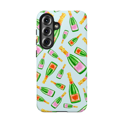 Tossed Pink and Green & Orange and Green Watercolor Illustrated Champagne Bottles Pattern Light Blue Tough Phone Case | Various Models