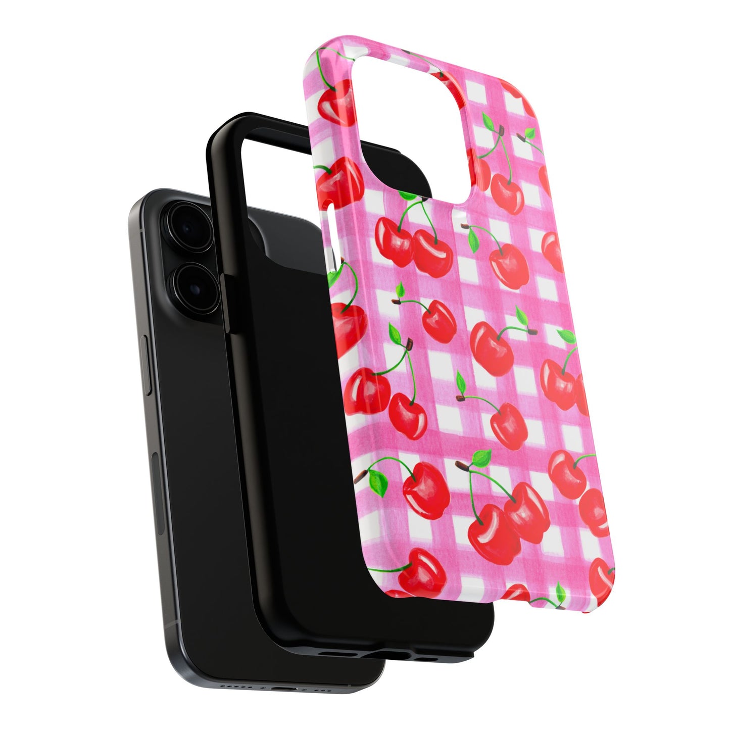 Tossed Red Watercolor Cherries Illustrated Pattern Light Pink Gingham Tough Phone Case | Various Models