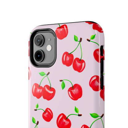 Tossed Red Watercolor Cherries Illustrated Pattern Light Pink Tough Phone Case | Various Models