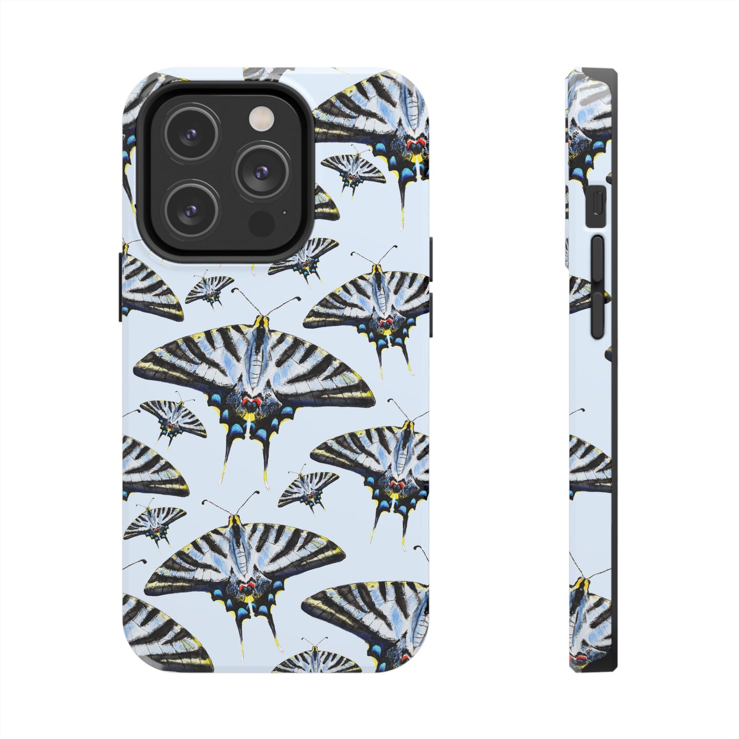 Light Blue Swallowtail Butterflies Watercolor Illustrated Pale Blue Tough Phone Case | Various Models iPhone 14 Pro