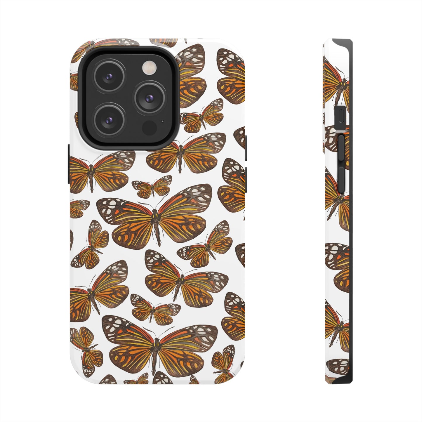 Black & Orange Butterfly Watercolor Illustrated Tossed Pattern Tough Phone Case | Various Models iPhone 14 Pro