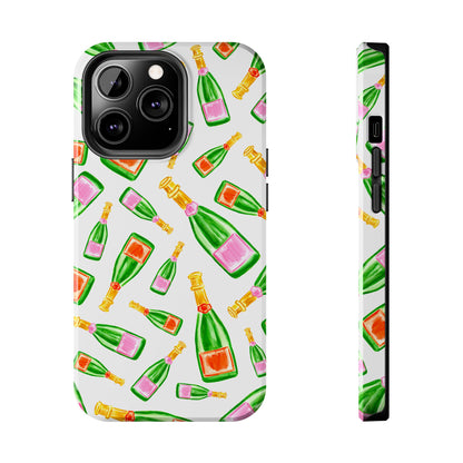 Tossed Pink and Green & Orange and Green Watercolor Illustrated Champagne Bottles Pattern Tough Phone Case | Various Models