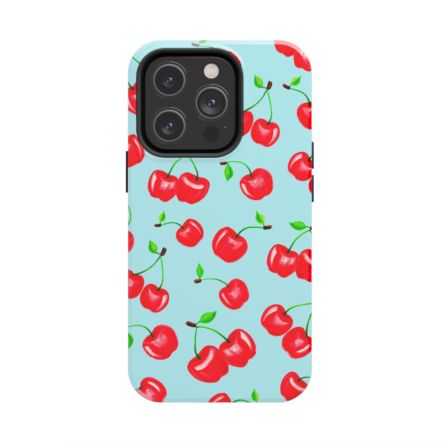 Tossed Red Watercolor Cherries Illustrated Pattern Bright Blue Tough Phone Case | Various Models