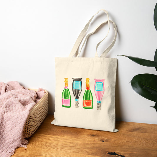 Canvas Book Tote | Pink, Green, Orange, & Blue Champagne Bottles Watercolor Printed Farmers Market Tote | Cocktail Bachelorette Gift Hostess