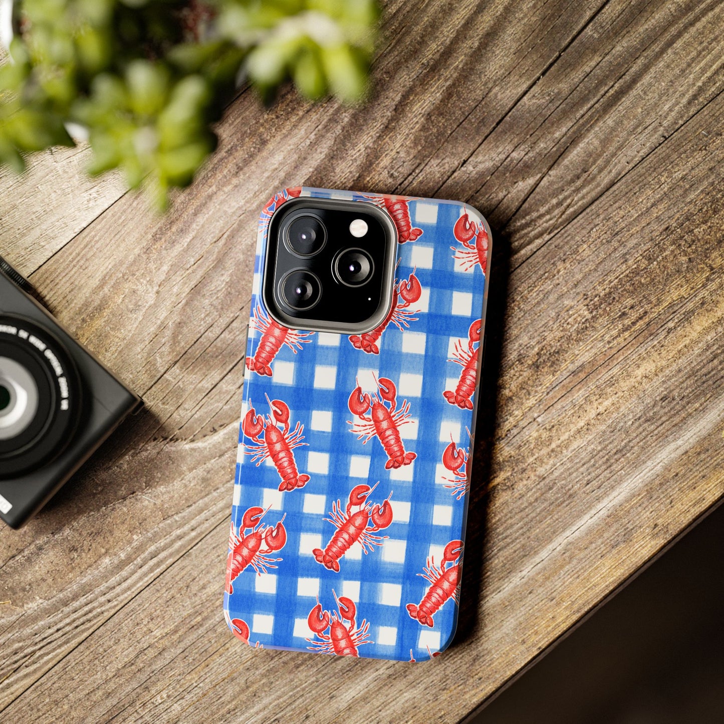 Blue Gingham Red Lobster Watercolor Patterned Phone Case | Various Models