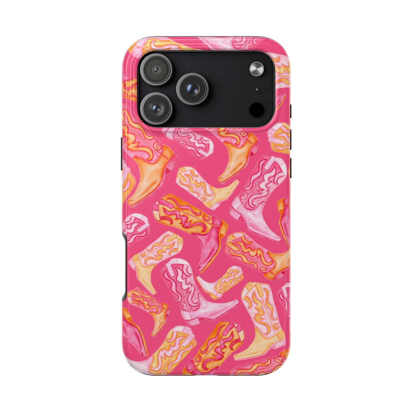 Tossed Hot Pink & Orange Watercolor Cowboy Boots Hot Pink Tough Phone Cases | Various Models iPhone 17 Pro Max