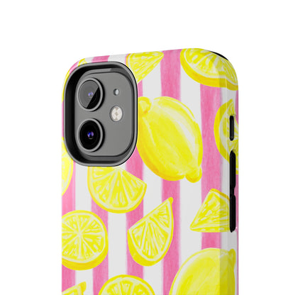 Pink Lemonade Yellow Lemons with Pink & White Watercolor Stripes Tough Phone Case