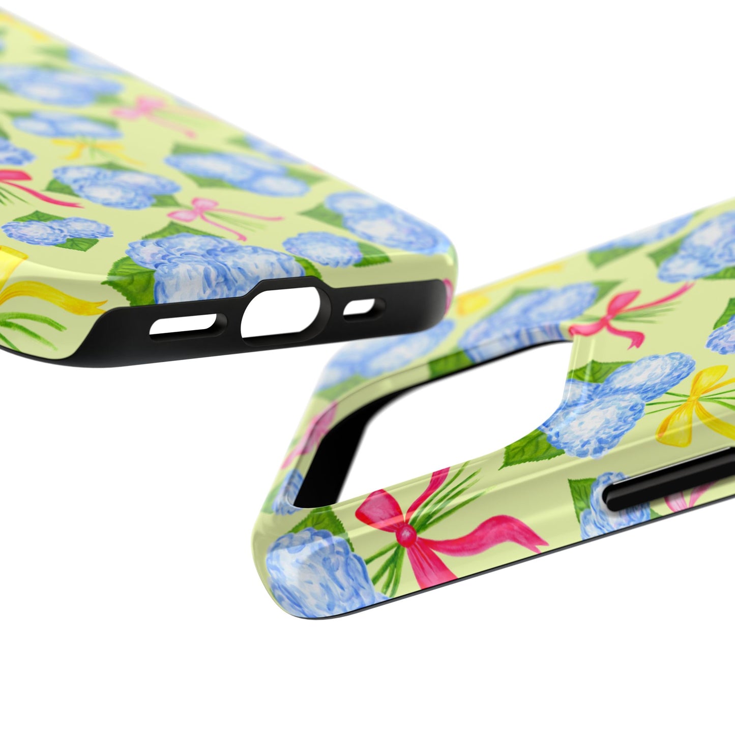 Blue Watercolor Hydrangea Bunches with Hot Pink, Yellow, Light Pink Bows Illustrated Patterned Yellow Tough Phone Case | Various Models