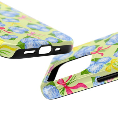 Blue Watercolor Hydrangea Bunches with Hot Pink, Yellow, Light Pink Bows Illustrated Patterned Yellow Tough Phone Case | Various Models