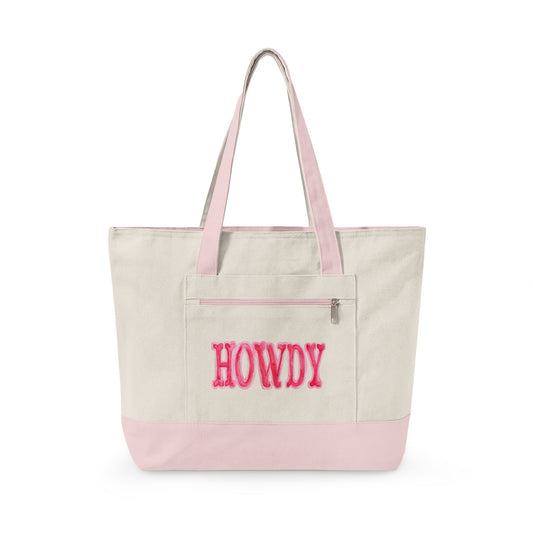 Hot Pink Howdy Watercolor Printed Zippered Canvas Tote 18" x 14" | Various Colors 18" x 14" x 4.5" Natural Light Pink