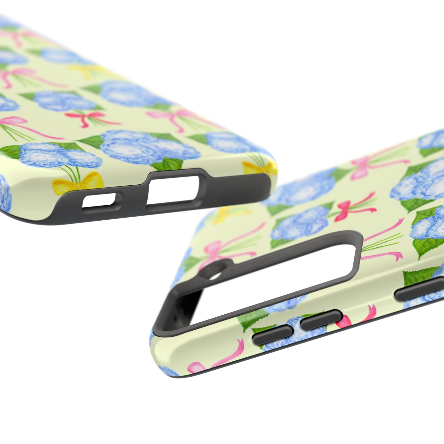 Blue Hydrangeas with Hot Pink, Yellow, Light Pink Bows Watercolor Illustrated Patterned Light Yellow Tough Phone Case | Various Models