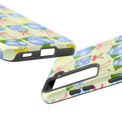 Blue Hydrangeas with Hot Pink, Yellow, Light Pink Bows Watercolor Illustrated Patterned Light Yellow Tough Phone Case | Various Models