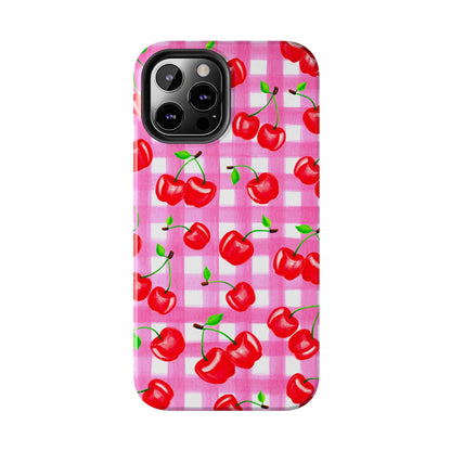 Tossed Red Watercolor Cherries Illustrated Pattern Light Pink Gingham Tough Phone Case | Various Models