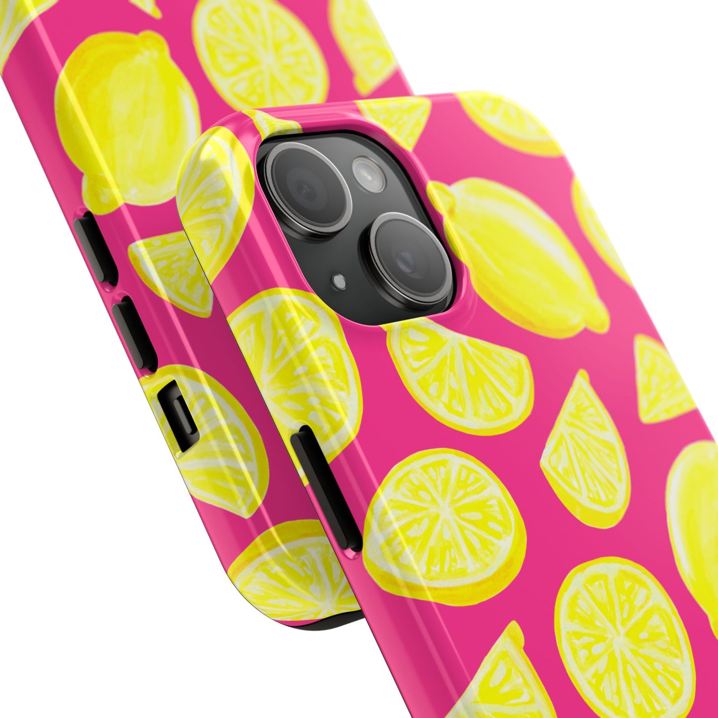 Bright Yellow Lemons Watercolor Illustrated Tossed Pattern Watermelon Pink Tough Phone Case | Various Models