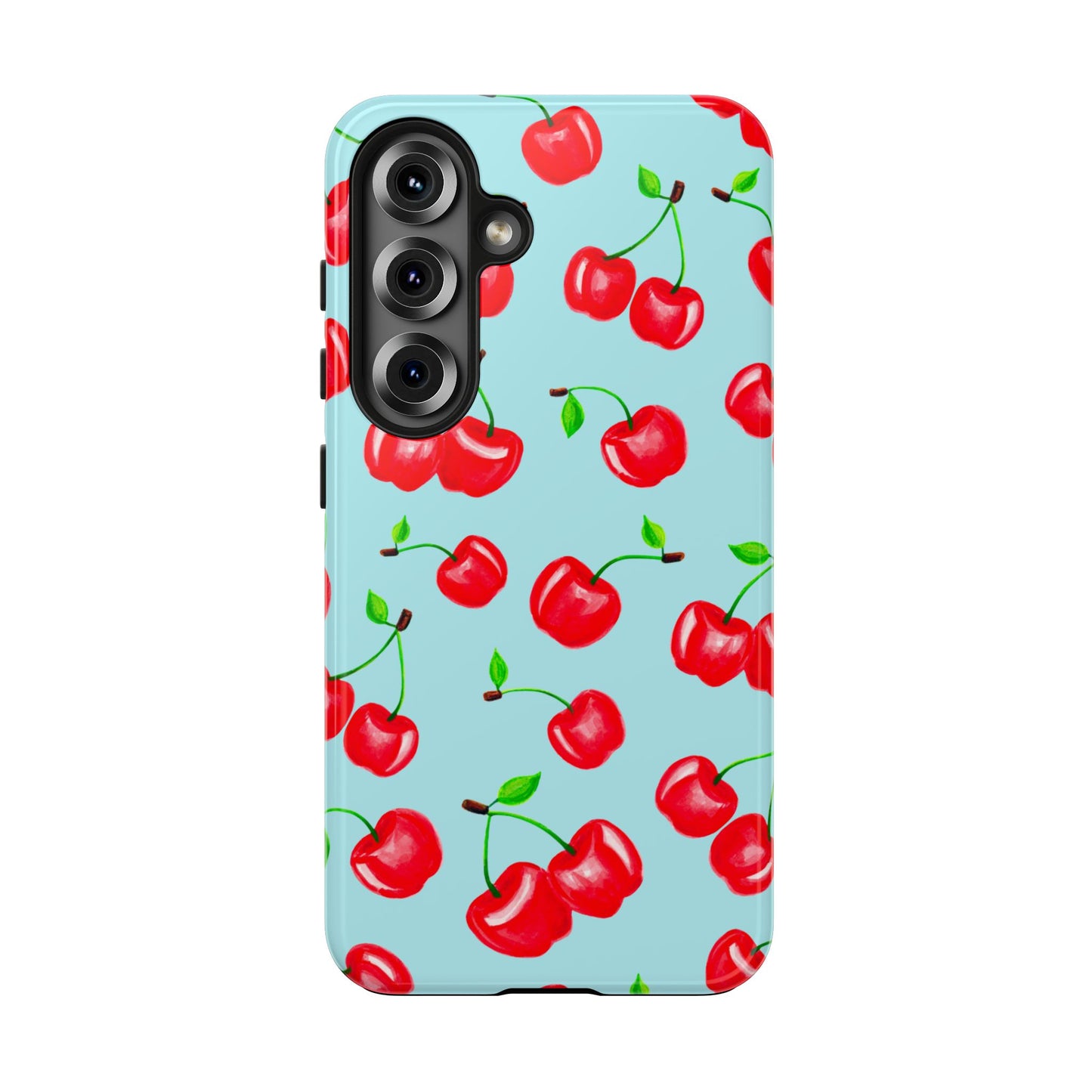 Tossed Red Watercolor Cherries Illustrated Pattern Bright Blue Tough Phone Case | Various Models