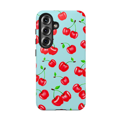Tossed Red Watercolor Cherries Illustrated Pattern Bright Blue Tough Phone Case | Various Models