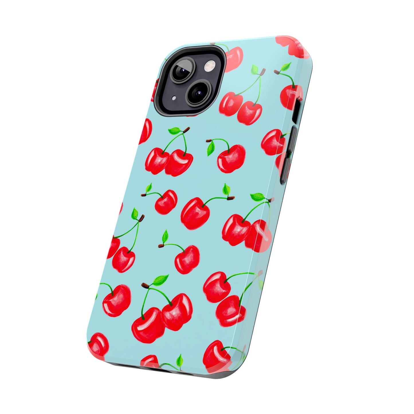Tossed Red Watercolor Cherries Illustrated Pattern Bright Blue Tough Phone Case | Various Models