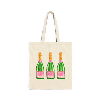 Canvas Book Tote | Trio pink & Green Watercolor Champagne Bottle Farmers Market Tote | Cocktail Bachelorette Gift Hostess Natural 15" x 16"