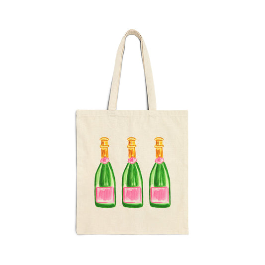 Canvas Tote | Trio pink & Green Watercolor Champagne Bottle Farmers Market Tote | Cocktail Bachelorette Gift Hostess