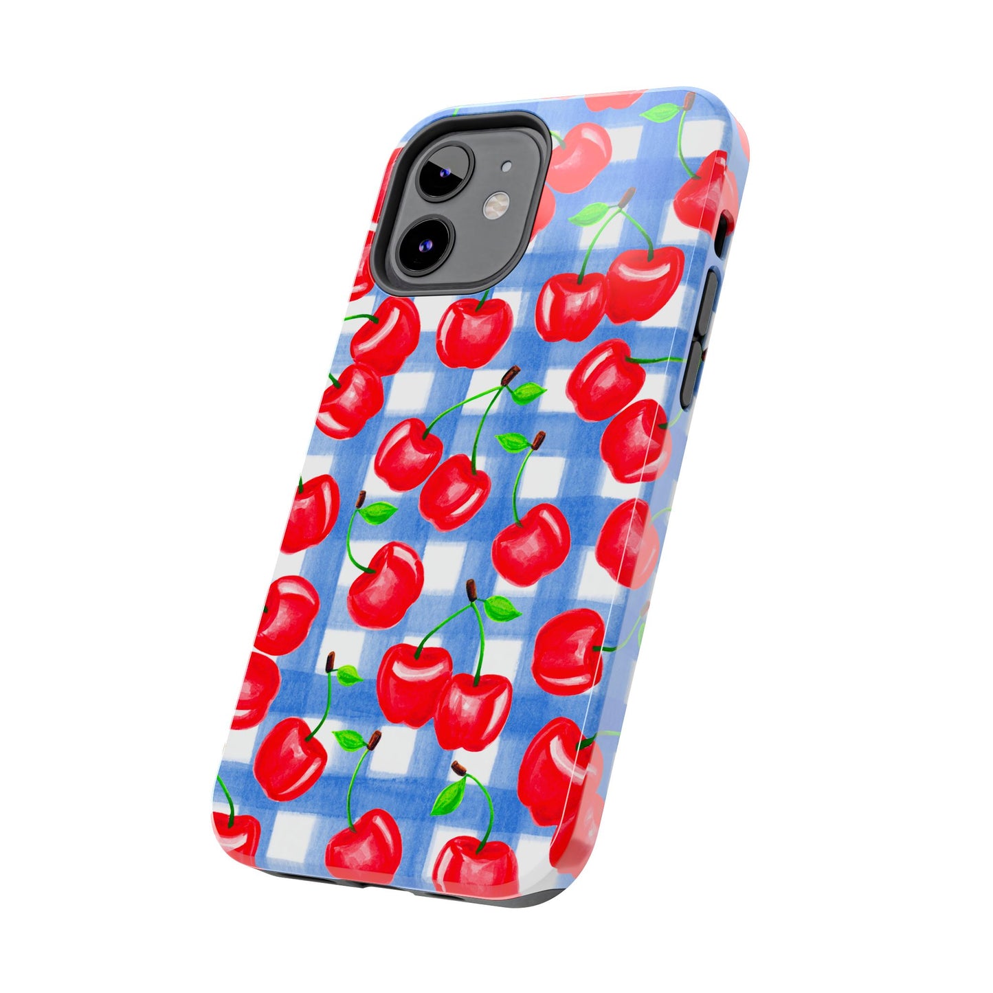 Tossed Red Cherries Blue Gingham Checkered Watercolor Illustrated Tough Phone Case | Various Models