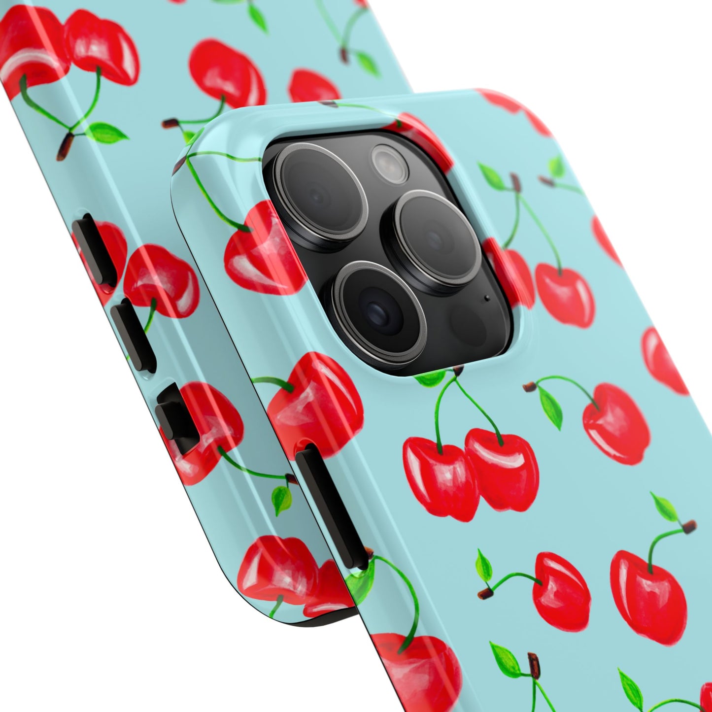 Tossed Red Watercolor Cherries Illustrated Pattern Bright Blue Tough Phone Case | Various Models