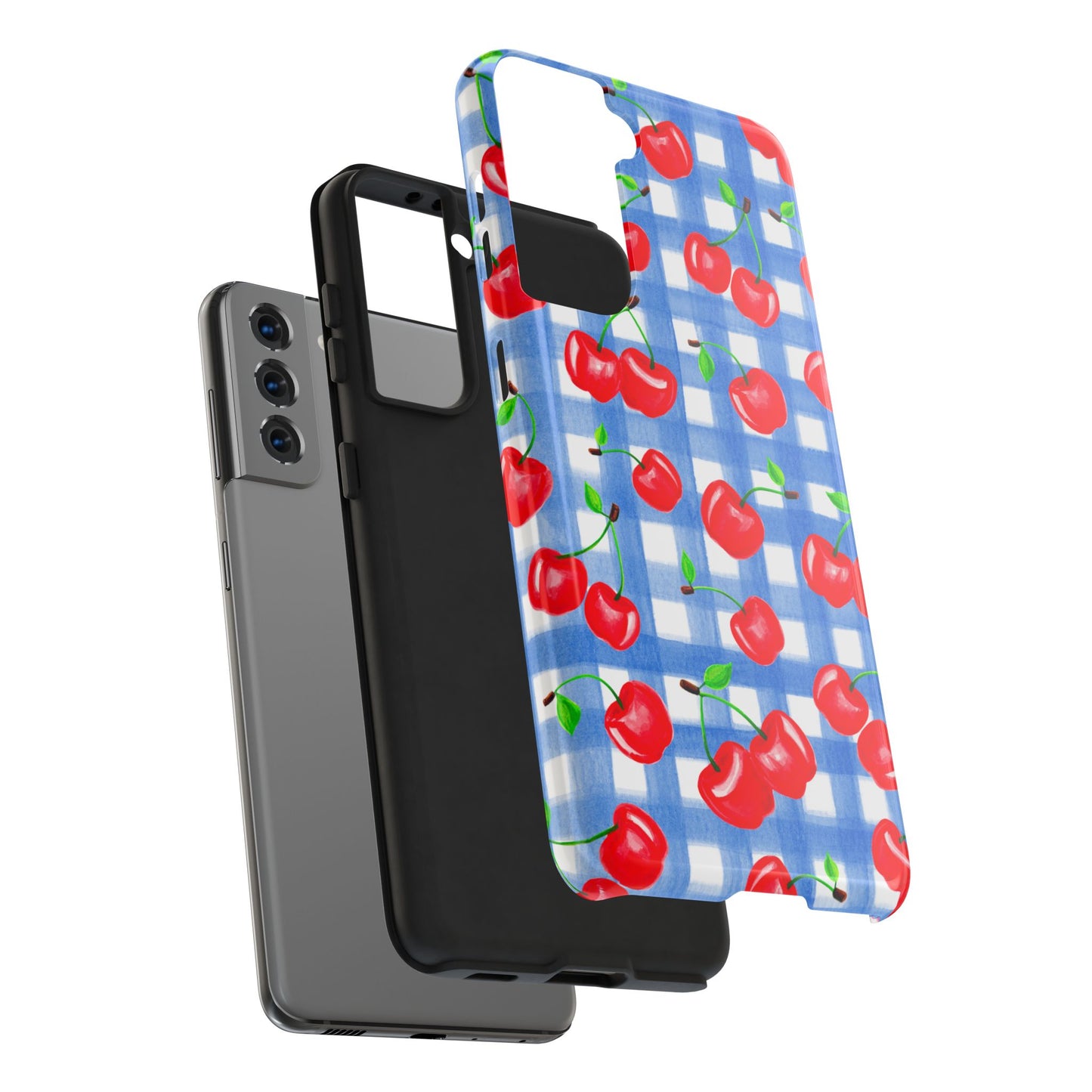 Tossed Red Watercolor Illustrated Cherries Light Blue Gingham Tough Phone Case | Various Models