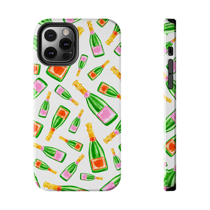 Tossed Pink and Green & Orange and Green Watercolor Illustrated Champagne Bottles Pattern Tough Phone Case | Various Models