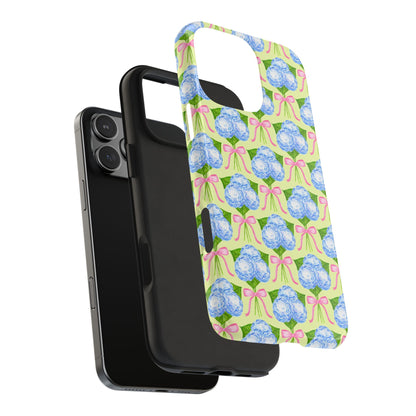 Blue Watercolor Hydrangea Bouquets with Light Pink Bows Watercolor Illustrated Patterned Yellow Tough Phone Case | Various Models