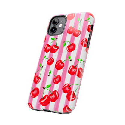 Tossed Red Watercolor Cherries Illustrated Pattern Light Pink Stripes Tough Phone Case | Various Models